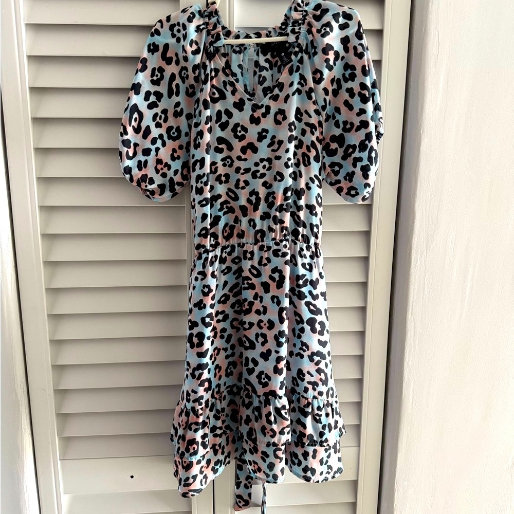 💗Aqua Leopard Print Puff Sleeve Dress